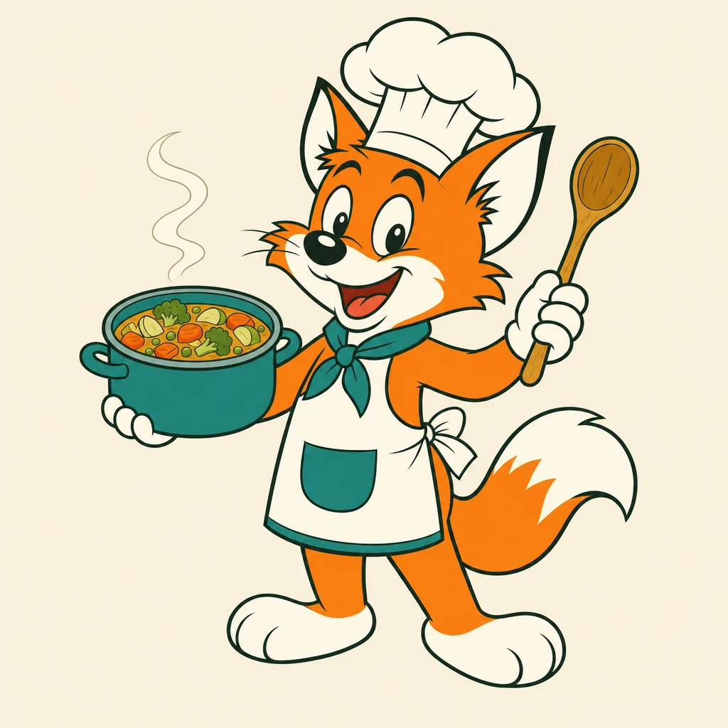 Vossy, unser Koch-Fuchs, mit einem Topf frischer Gemüsesuppe